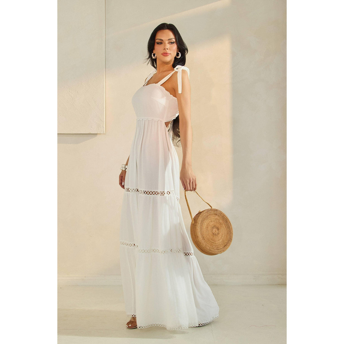 SHOULDER TIE SCALLOP MAXI DRESS