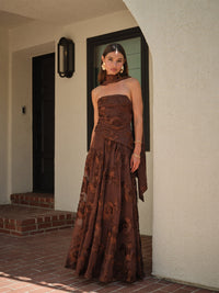 Chocolate Floral Burnout Strapless Maxi Dress