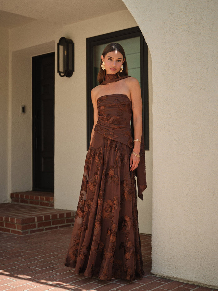 Chocolate Floral Burnout Strapless Maxi Dress