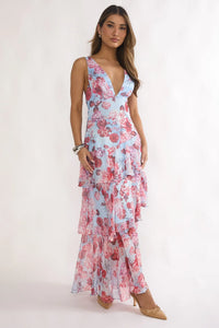 Sleeveless Floral V Neck Tiered Maxi Dress