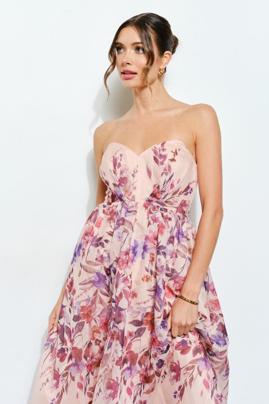 Sweetheart Strapless Floral Midi Dress PRIVILEGE