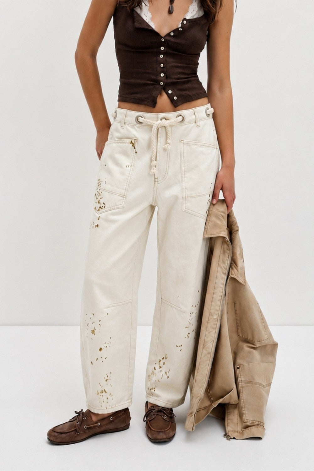 Utility Barrel Jeans With Paint Splatter