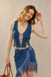 METAL EYELET LACE UP FITTED DENIM VEST