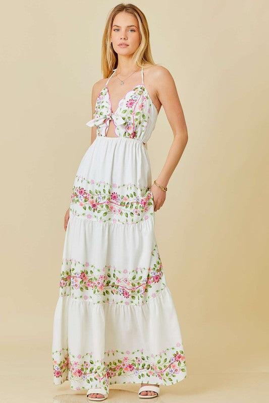 Floral Print Front Tie Maxi Dress PRIVILEGE