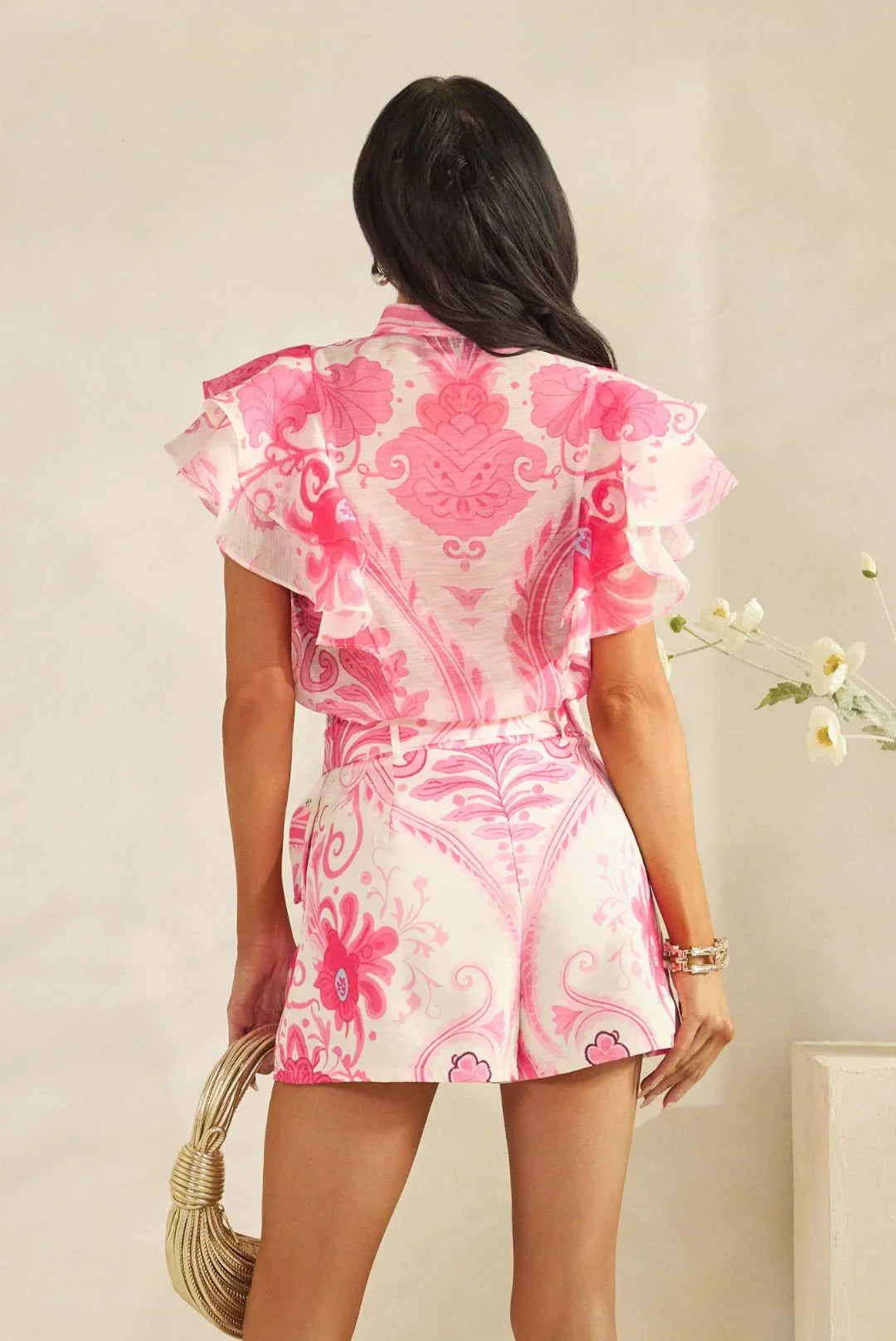 Ruffle Detail Blouse With Short Pants Set