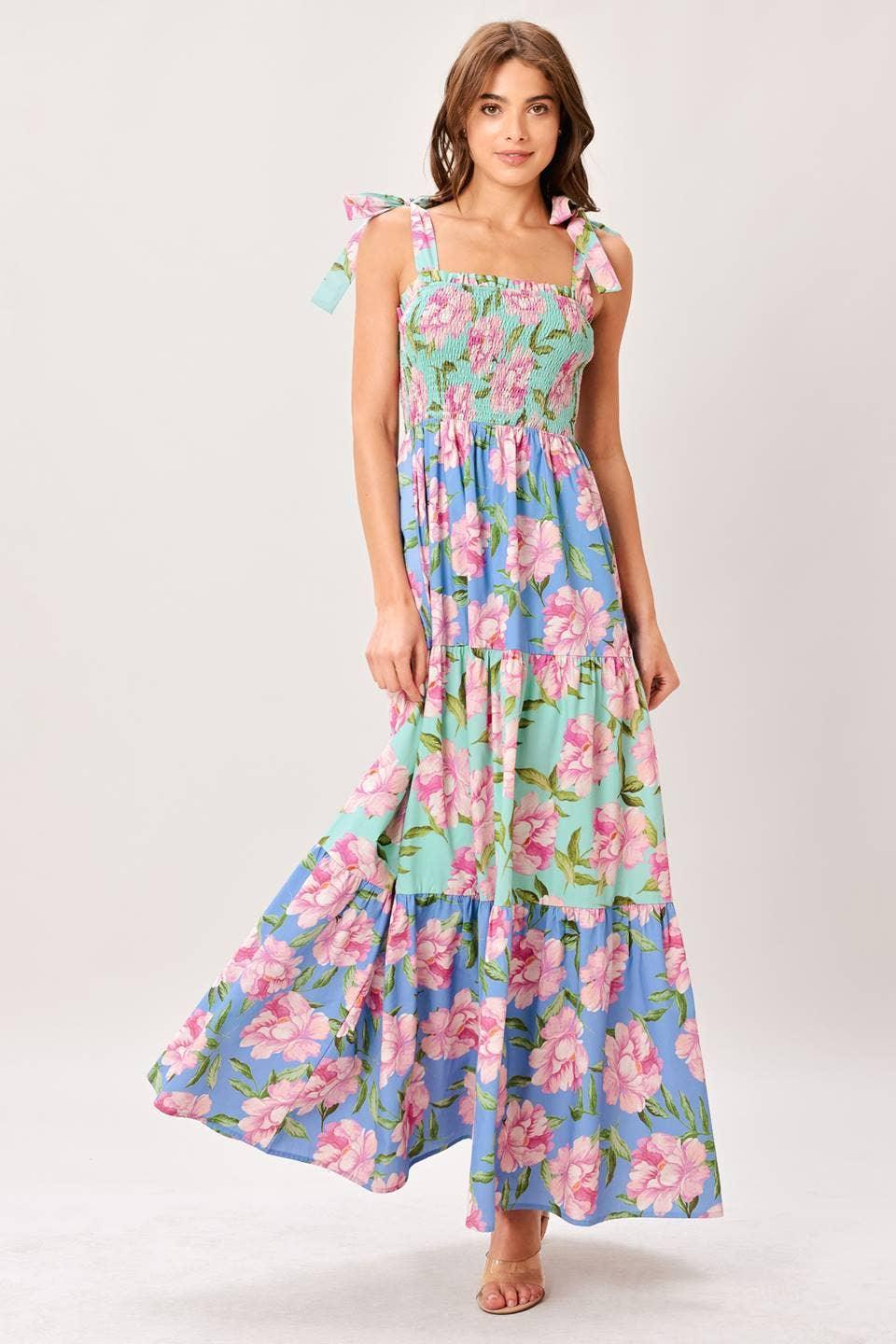 Multi Floral Woven Maxi Dress – Smocked Bodice & Tiered Skirt