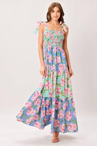Multi Floral Woven Maxi Dress – Smocked Bodice & Tiered Skirt