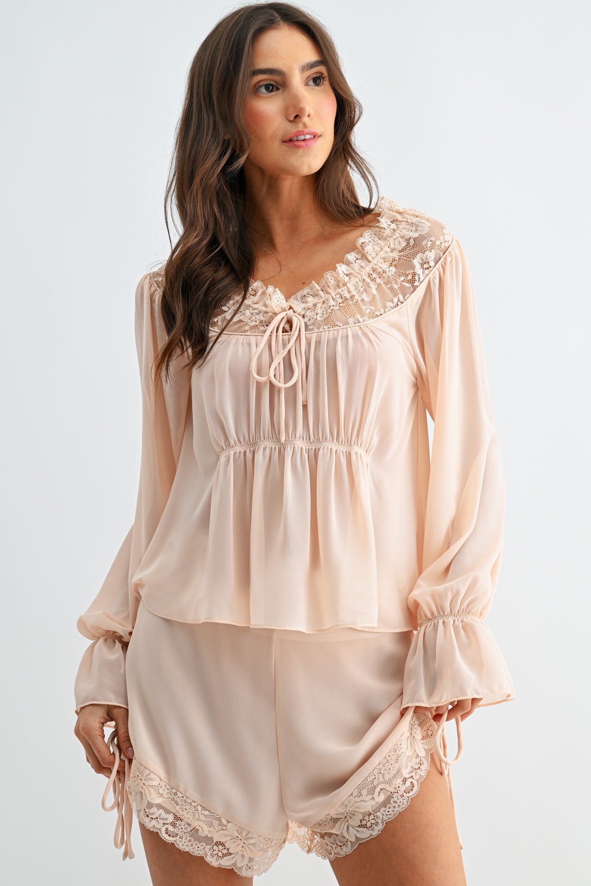 Lace Trim Chiffon Short Set