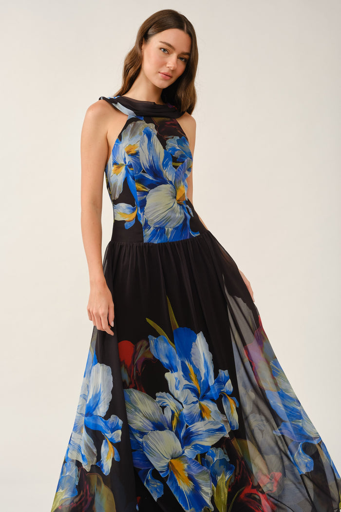 Blue Iris Cowl-back Chiffon Maxi Dress
