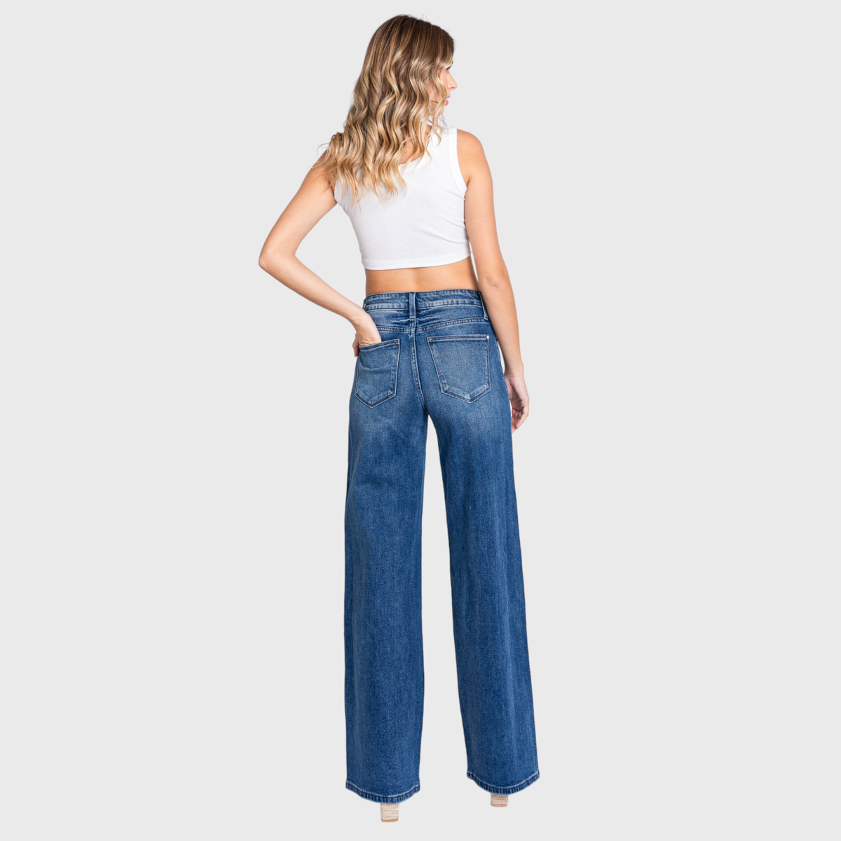 High Rise Comfort Stretch Wide Leg Jeans — Medium Dark Wash