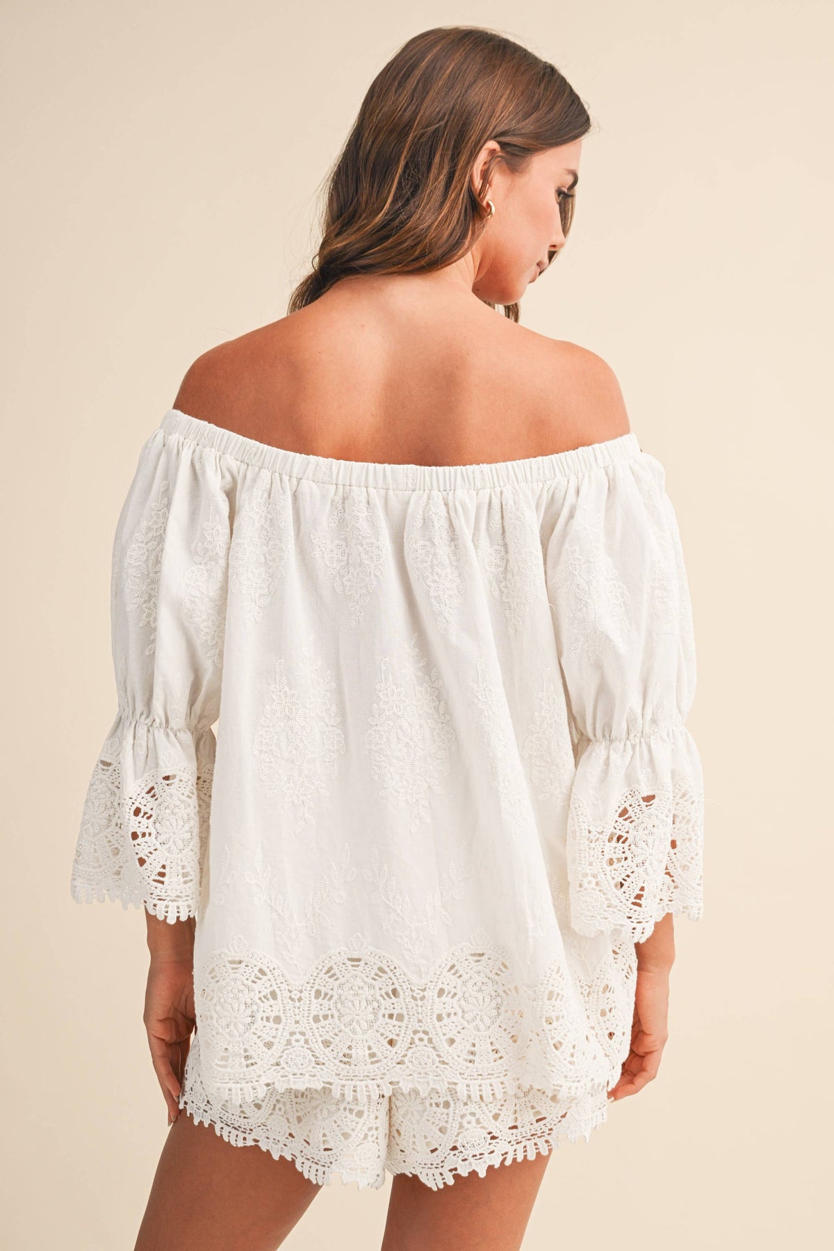 OFF SHOULDER EMBROIDERED LACE TOP AND SHORTS SET