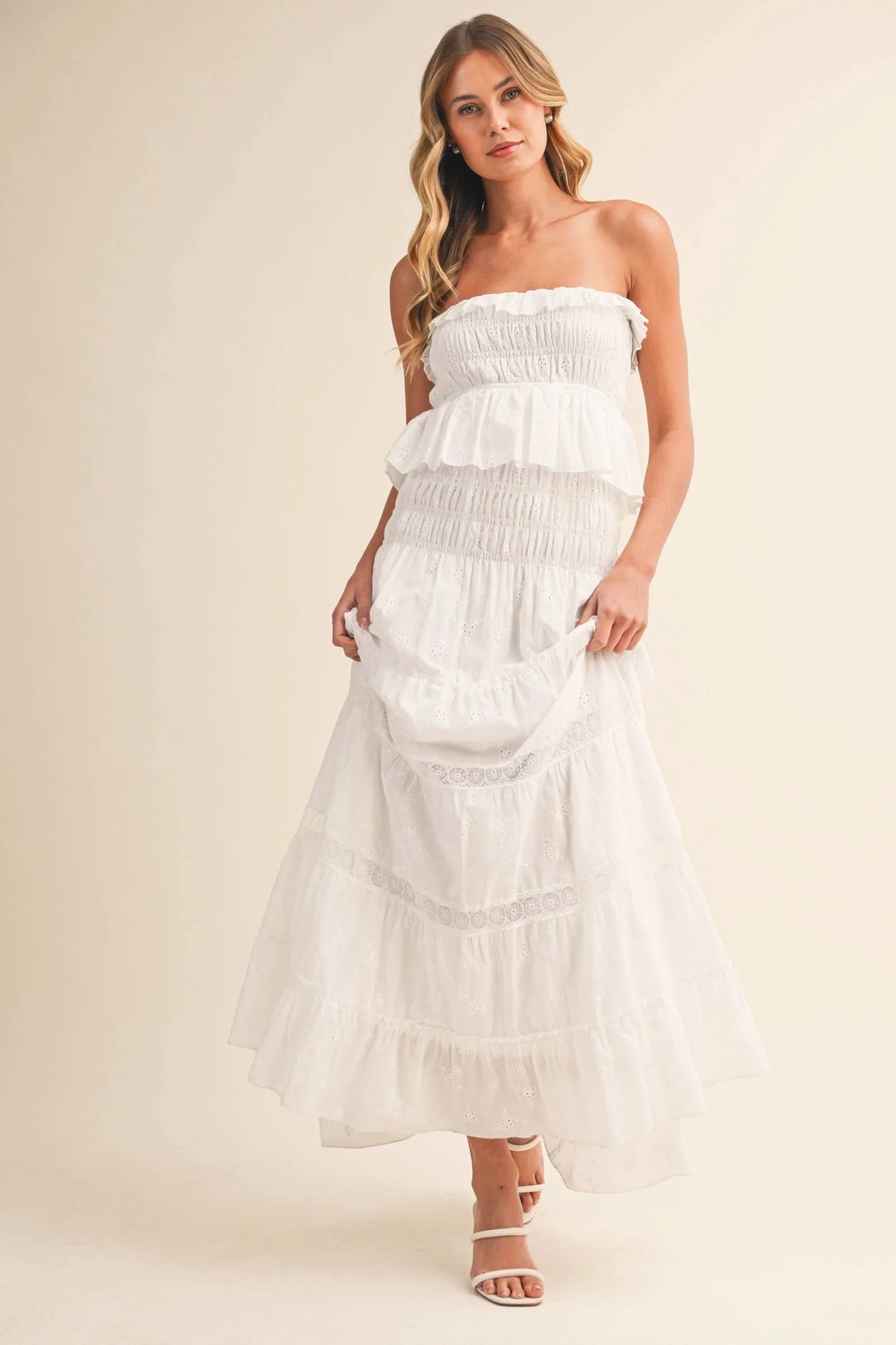 Strapless Eyelet Tiered Maxi Dress with Smocked Bodice
