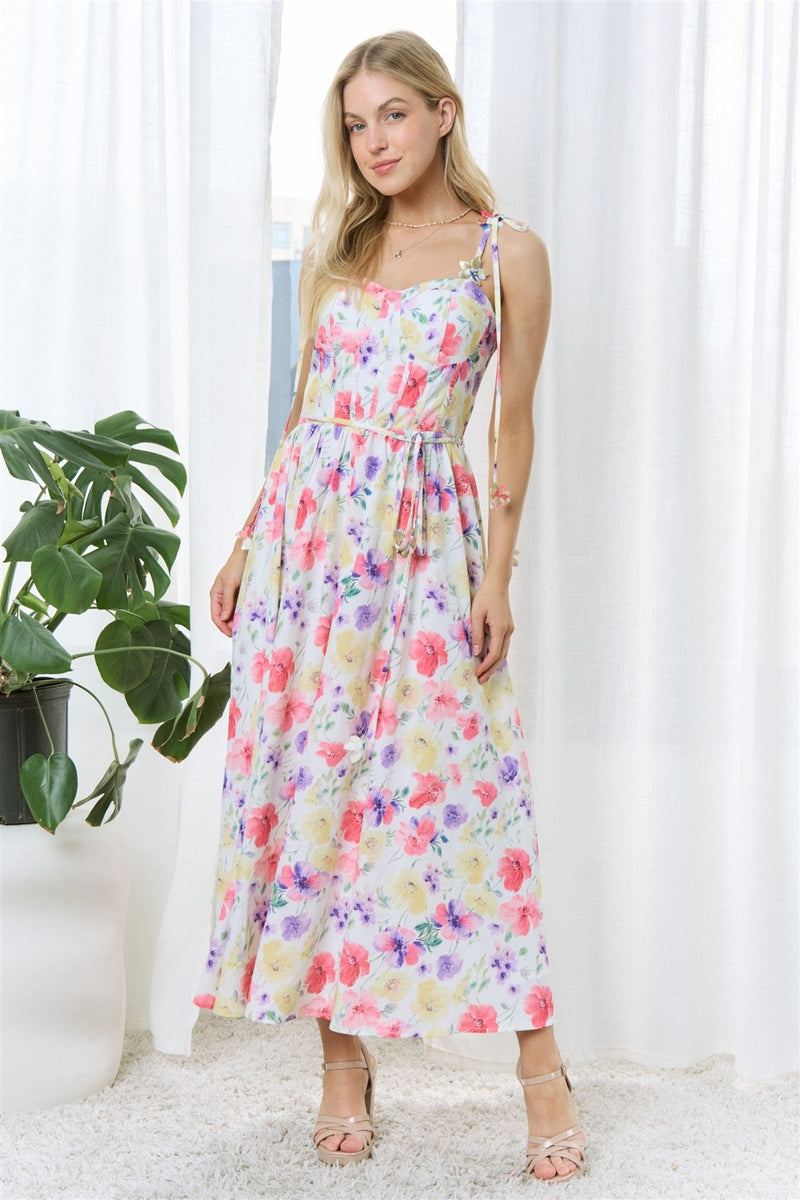 Floral Print Corset Midi Dress with Tie Straps – PRIVILEGE LARGE