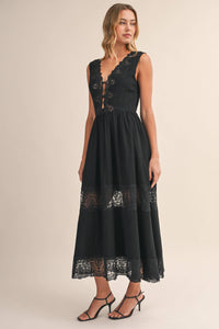 LACE PANEL DETAILED SLEEVELESS V NECK MIDI DRESS