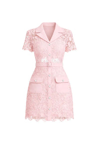 Crochet Lace Shirt Mini Dress with Rhinestone Buttons & Tonal Belt