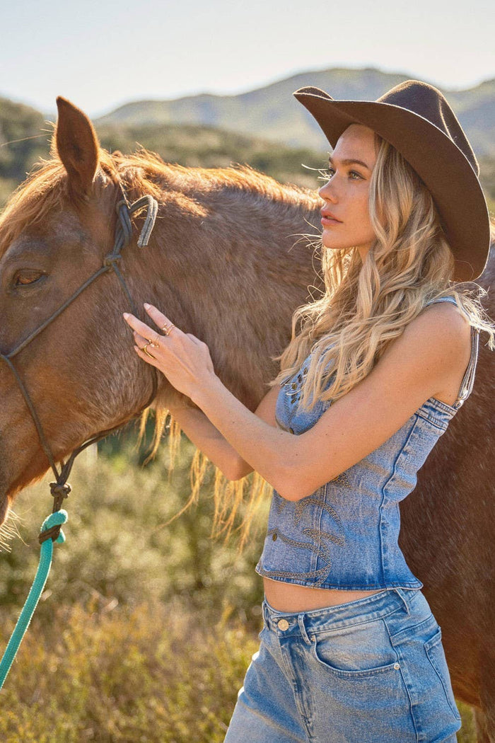 WESTERN BUCKLE STRAP EMBROIDERED DENIM TOP