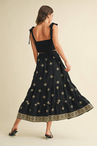 Boho Embroidered Crop Top & Tiered Midi Skirt Set