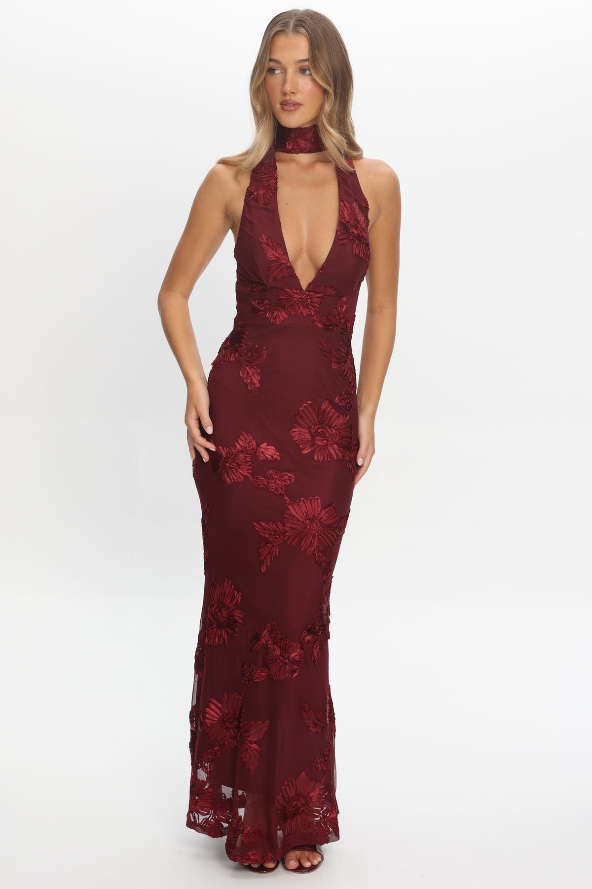 Bells Wine Floral Halter Mermaid Maxi Dress
