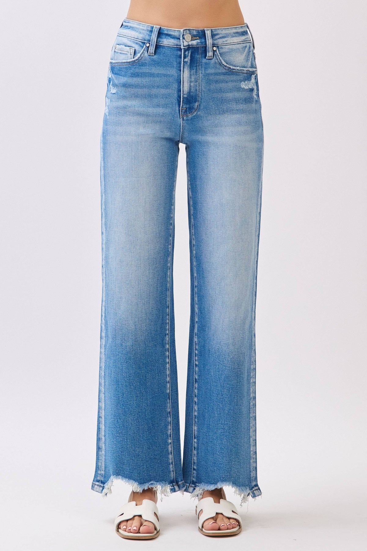 High Rise Stretch Wide Leg Jeans with Destroyed Hem