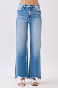 High Rise Stretch Wide Leg Jeans with Destroyed Hem