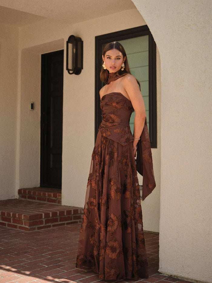 Chocolate Floral Burnout Strapless Maxi Dress