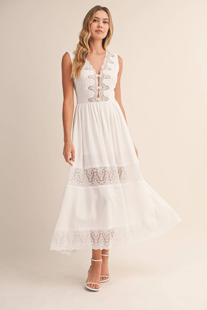 LACE PANEL DETAILED SLEEVELESS V NECK MIDI DRESS
