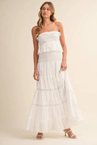 Strapless Eyelet Tiered Maxi Dress with Smocked Bodice