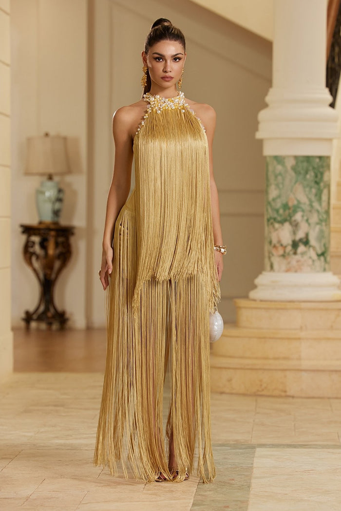 Bella Gold Pearl-Detail Halter Fringe Maxi Dress