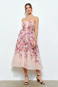 Sweetheart Strapless Floral Midi Dress PRIVILEGE