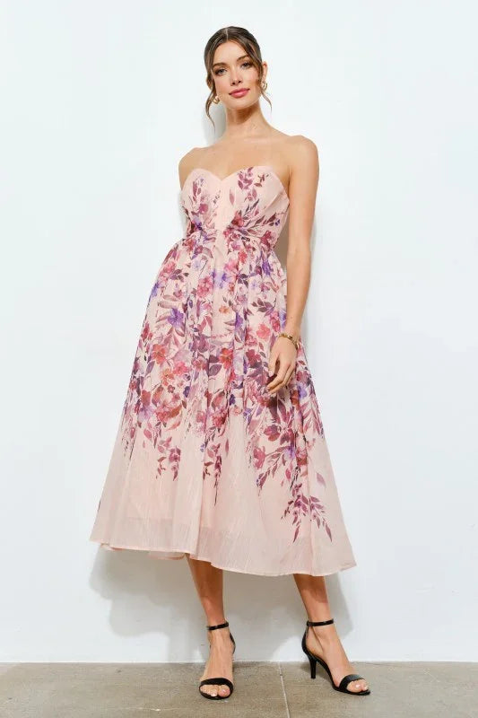 Sweetheart Strapless Floral Midi Dress PRIVILEGE