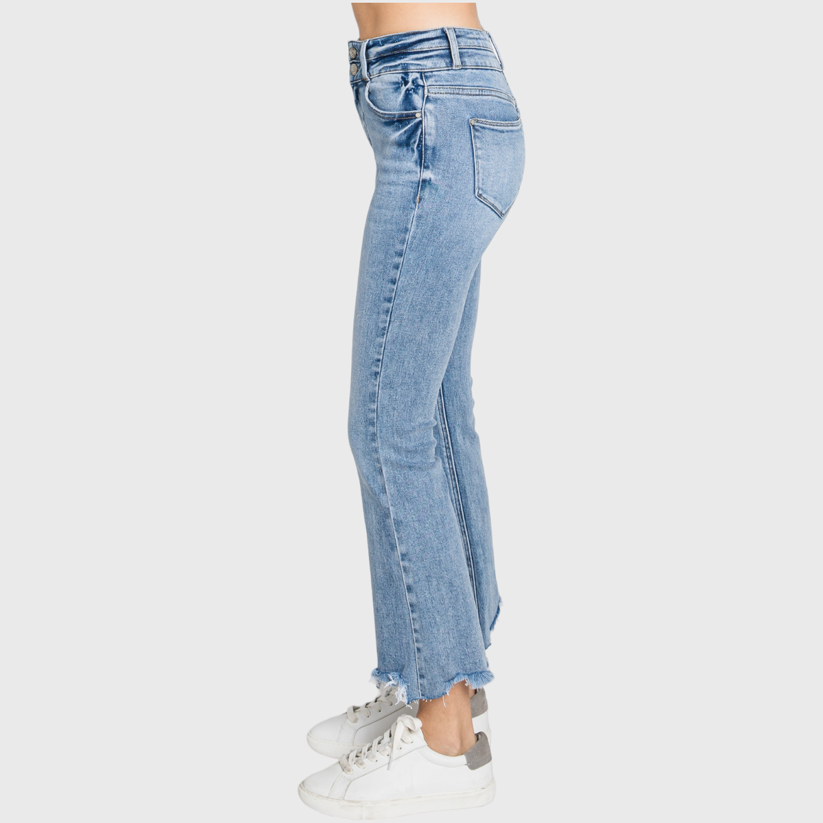 High Rise Crop Bootcut Jeans with Frayed Hem — Light Wash