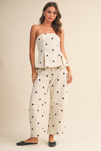 Polka Dot Strapless Peplum Top & Barrel Pants Set