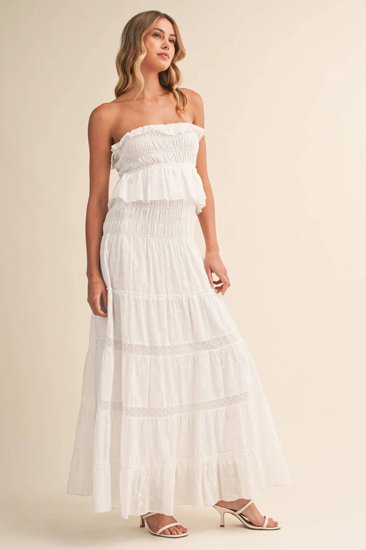Strapless Eyelet Tiered Maxi Dress with Smocked Bodice