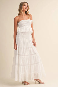 Strapless Eyelet Tiered Maxi Dress with Smocked Bodice