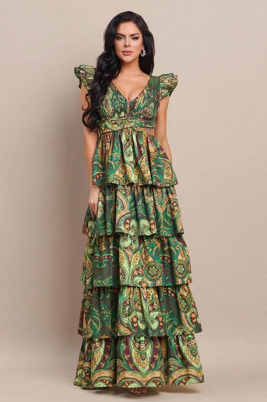RUFFLE MAXI TIERED DRESS drawstring open back PRIVILEGE