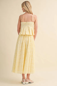 EYELET PEPLUM CAMI AND PLEATED FLARE MIDI SKIRT