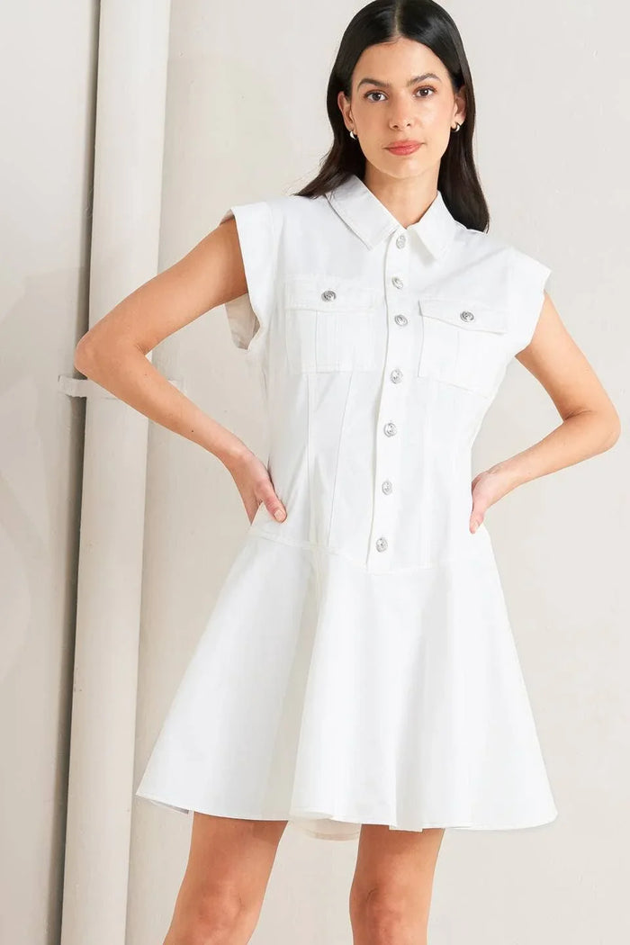 White Cotton Mini Dress – Button-Down Circle Skirt Dress