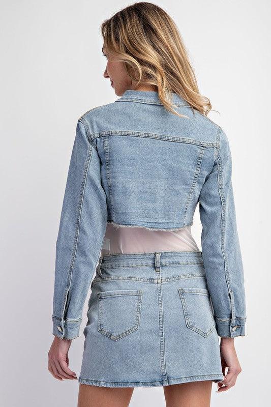 2PC MINI CROP STRETCH DENIM JACKET AND MINI SKIRTSET - PRIVILEGE 