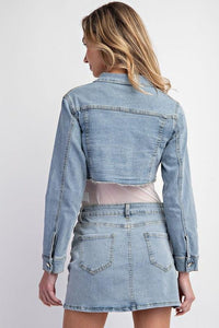 2PC MINI CROP STRETCH DENIM JACKET AND MINI SKIRTSET - PRIVILEGE 