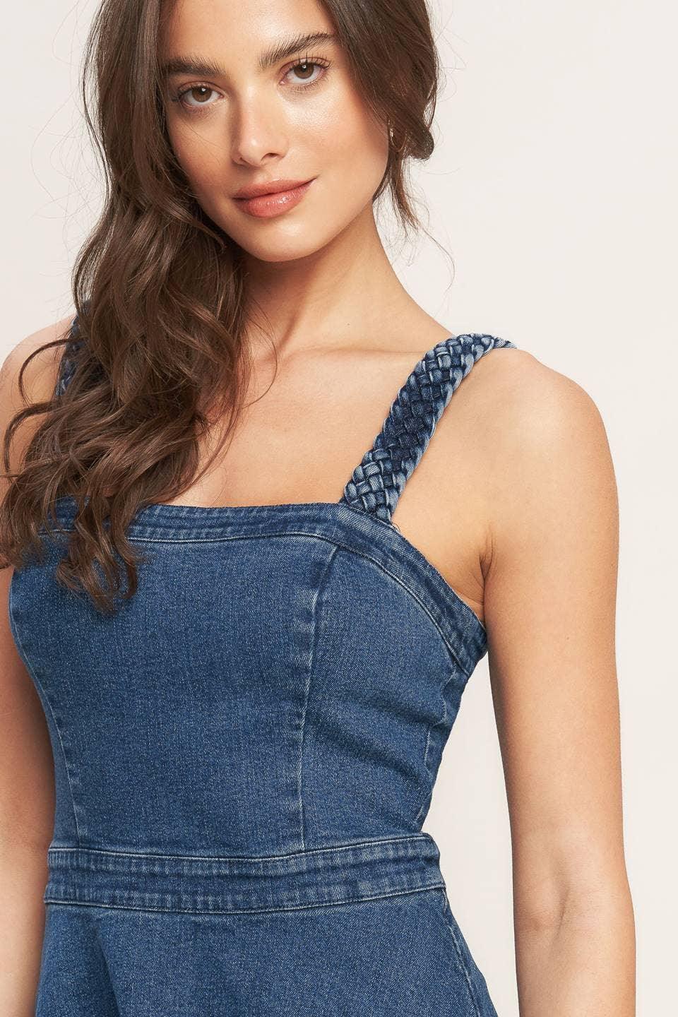 Washed Denim Mini Dress – Braided Straps & Ruffled Hem