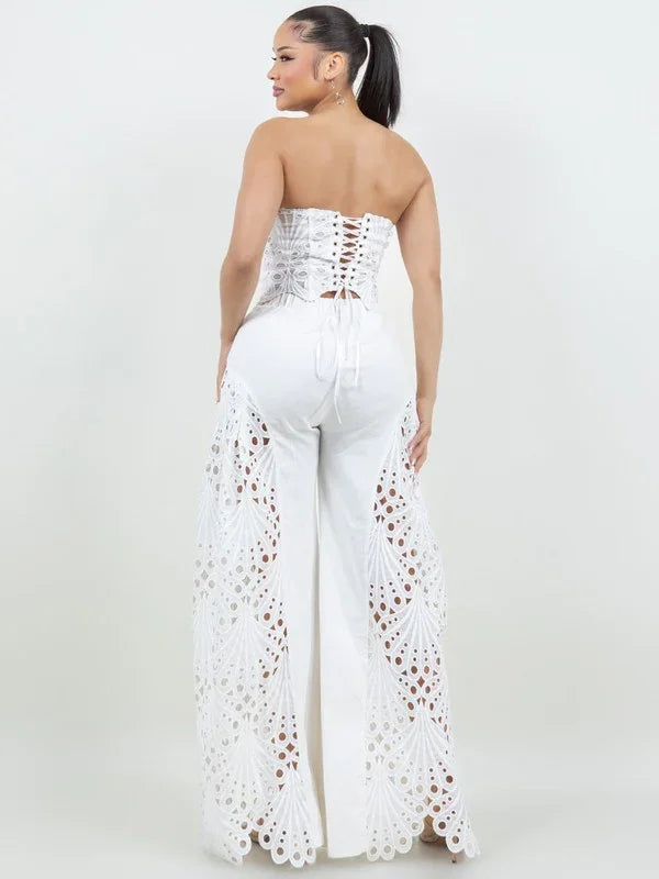 CORSET LACE TOP WITH FLARE CUTOUT LACE FLARE PANT PRIVILEGE