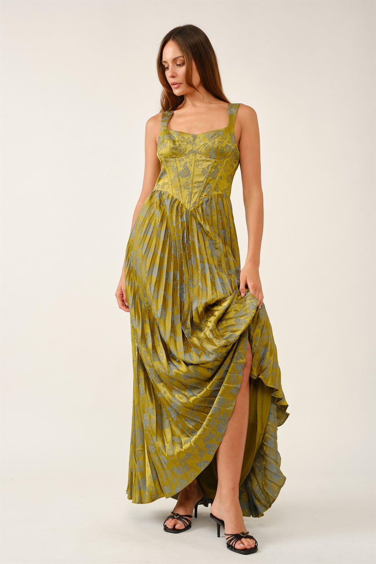 Floral Jacquard Lace-Up Pleated Maxi Dress