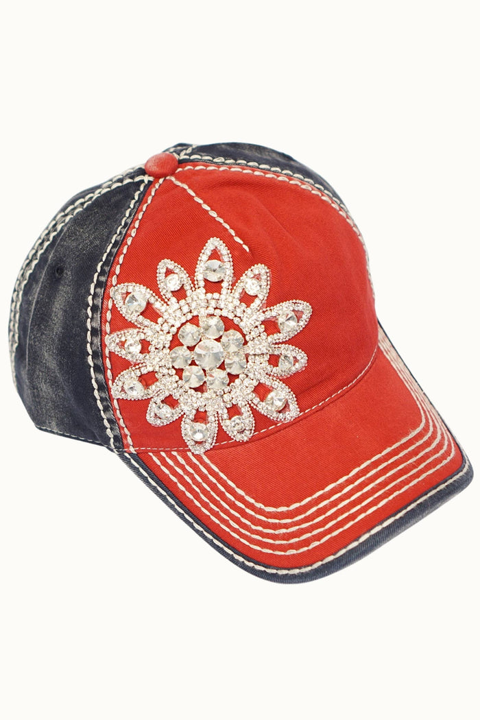 Sunflower Bejeweled Glitz USA Cap – Red White Blue Adjustable