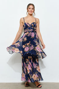 Romantic Floral Sheer Sweetheart Tiered Maxi Dress