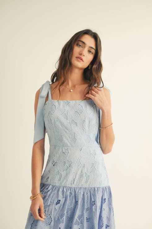 Shoulder Tie Ruffle Bottom Color Block Midi Dress
