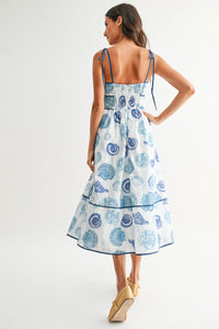 Blue Seashell Print Midi Dress
