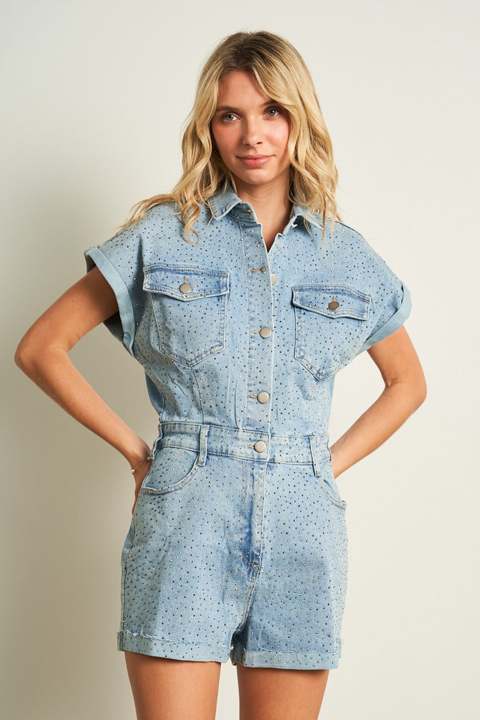 Rhinestone Detailed Denim Romper