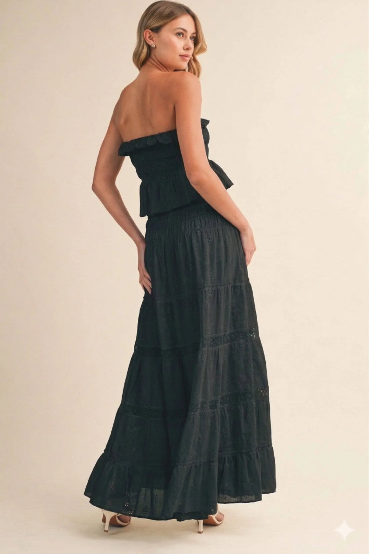 Strapless Eyelet Tiered Maxi Dress with Smocked Bodice
