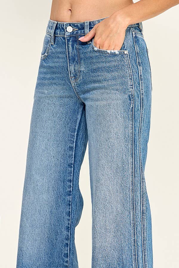 Mid Rise Wide Leg Jeans with Side Seam Detail — Medium Wash