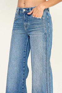 Mid Rise Wide Leg Jeans with Side Seam Detail — Medium Wash